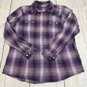 Duluth Trading Co Purple Plaid Western style Shirt pearl snaps Medium
